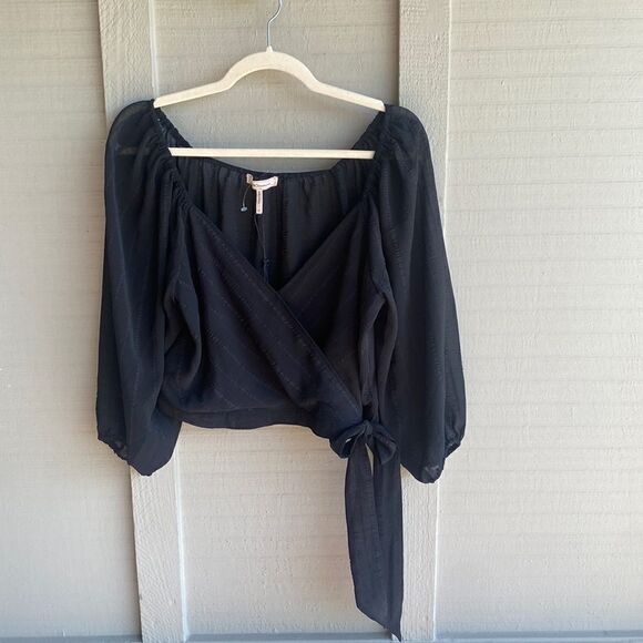 NWT - BCBGeneration Long Ballon Sleeve Wrap Style Sheer Crop Blouse Size: M - Picture 5 of 15